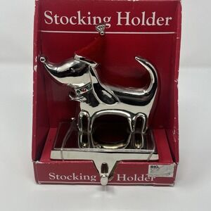NIB Christmas Silver DOG Stocking Holder Red Velvet Santa Hat Rhinestone Collar
